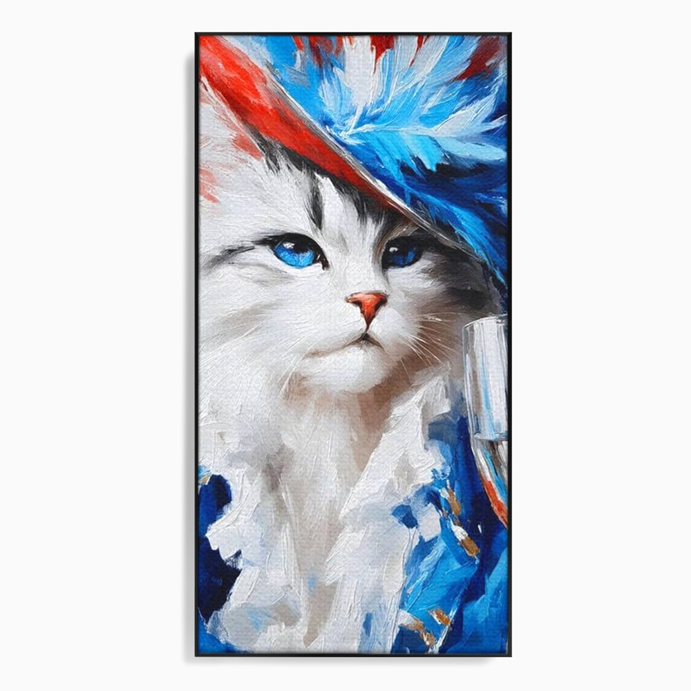 Tablou canvas cu pictura cu pisica in costum si palarie, in rama de aluminiu negru
